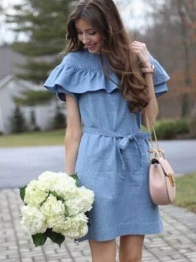 J. Crew Edie Chambray Light Blue Ruffle Belted Dress